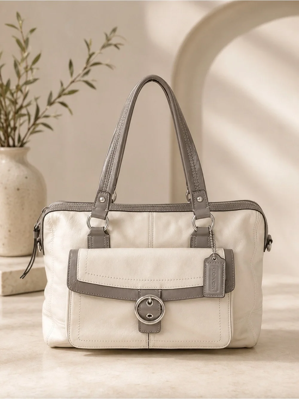 Coach white Gray Leather Turnlock Satchel Shoulder Bag